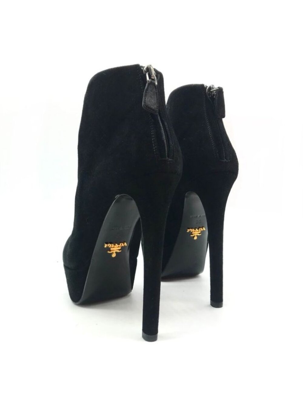 Prada Suede Metal Logo High Heel Short Boots Shoes Black - Picture 3 of 8